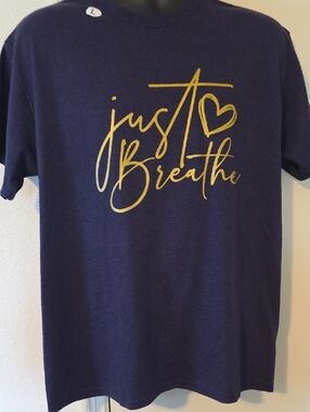Just Breathe Navy Graphic Tee with Gold Script